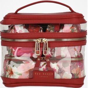 6 PIECE TED BAKER LONDON RED TRAIN CASE COSMETIC MAKEUP TRAVEL BAG FLORAL - NEW